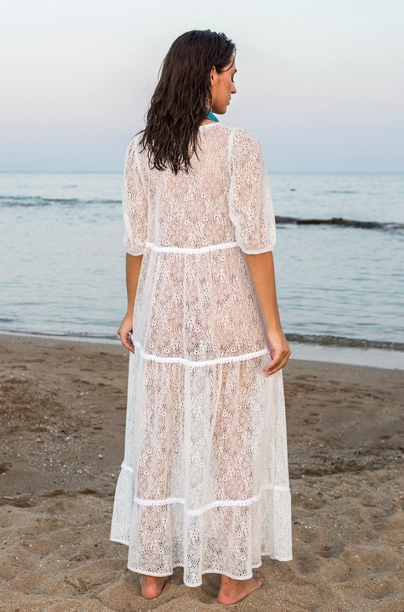 White Lace Kaftan Maxi Dress With ...